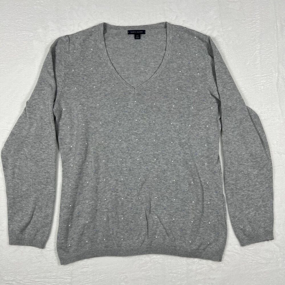 Tommy Hilfiger Sweater Womens Large Gray V-Neck Dot Embellished Lightweight